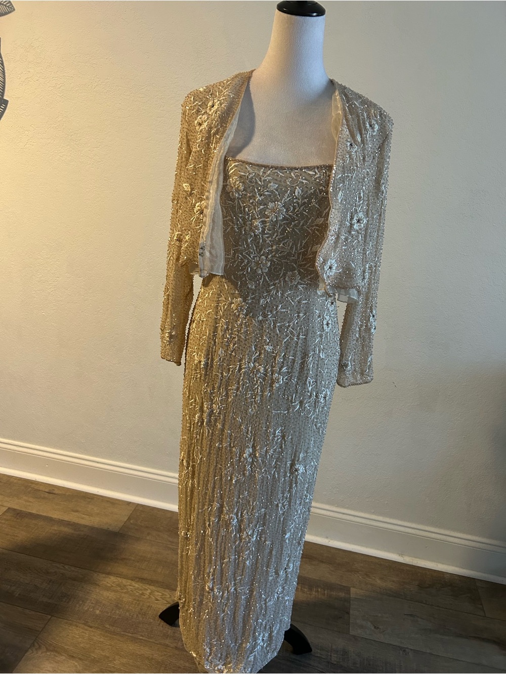 Montage Mon Chery Gold Beaded Evening Dress with Matching Jacket.Size 14 P
